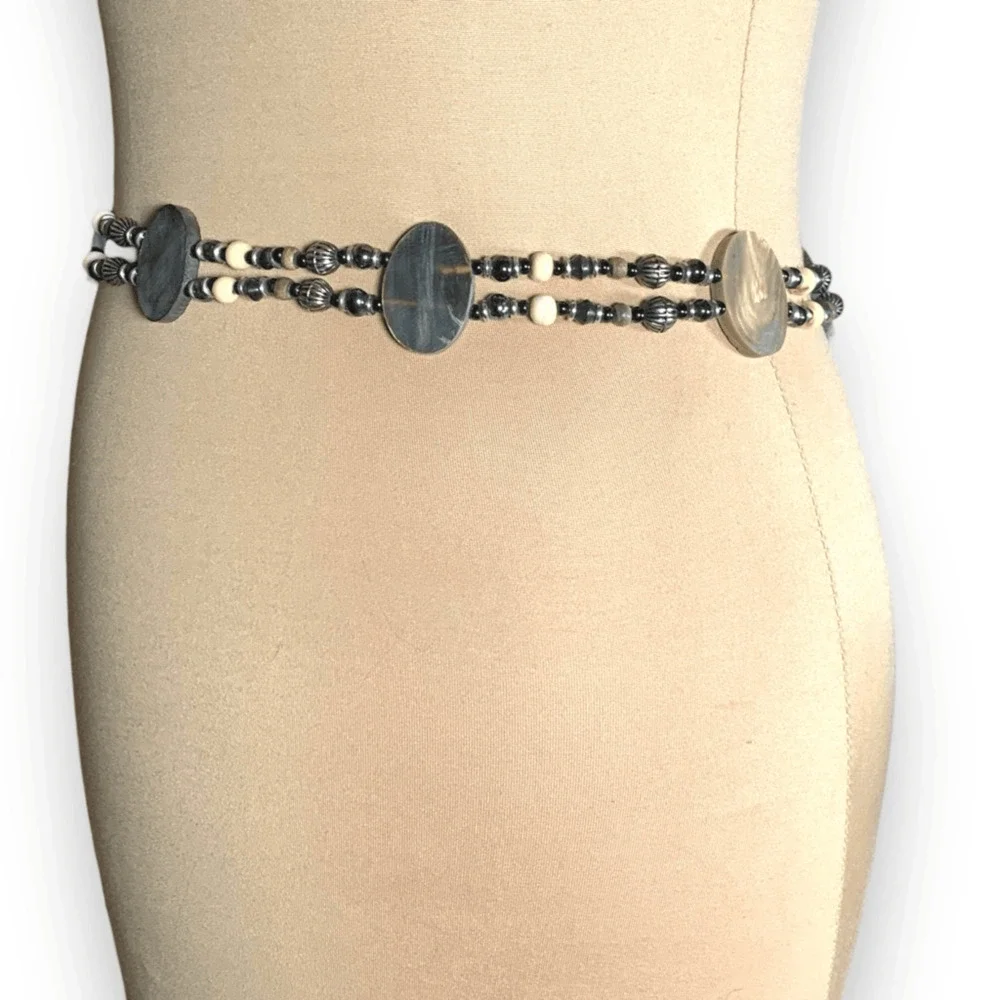 Vintage Reversible Beaded Waist Belt‎ Wood Disc Boho Western Adjustable Chain
